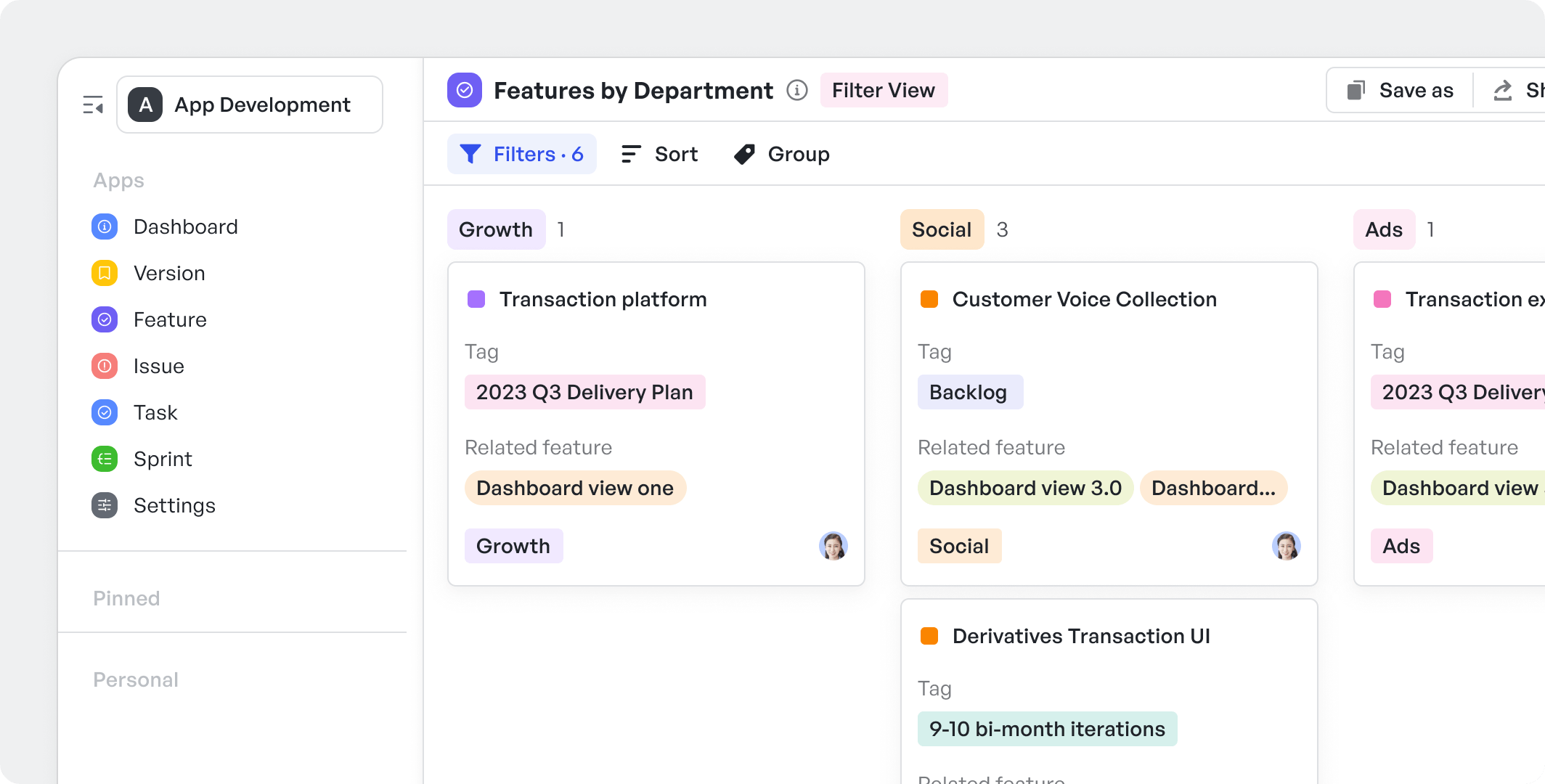 app development features kanban