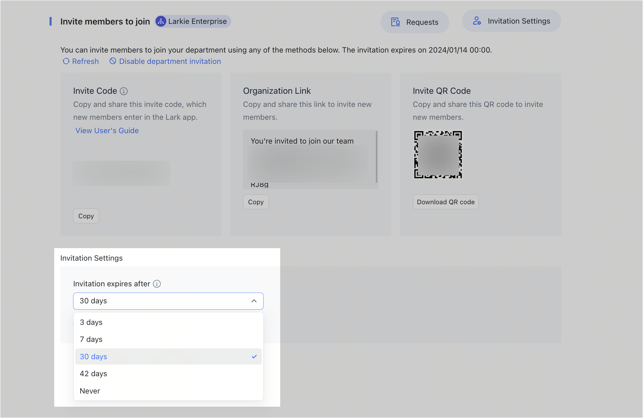 Admin | Change the expiration time for member invitations
