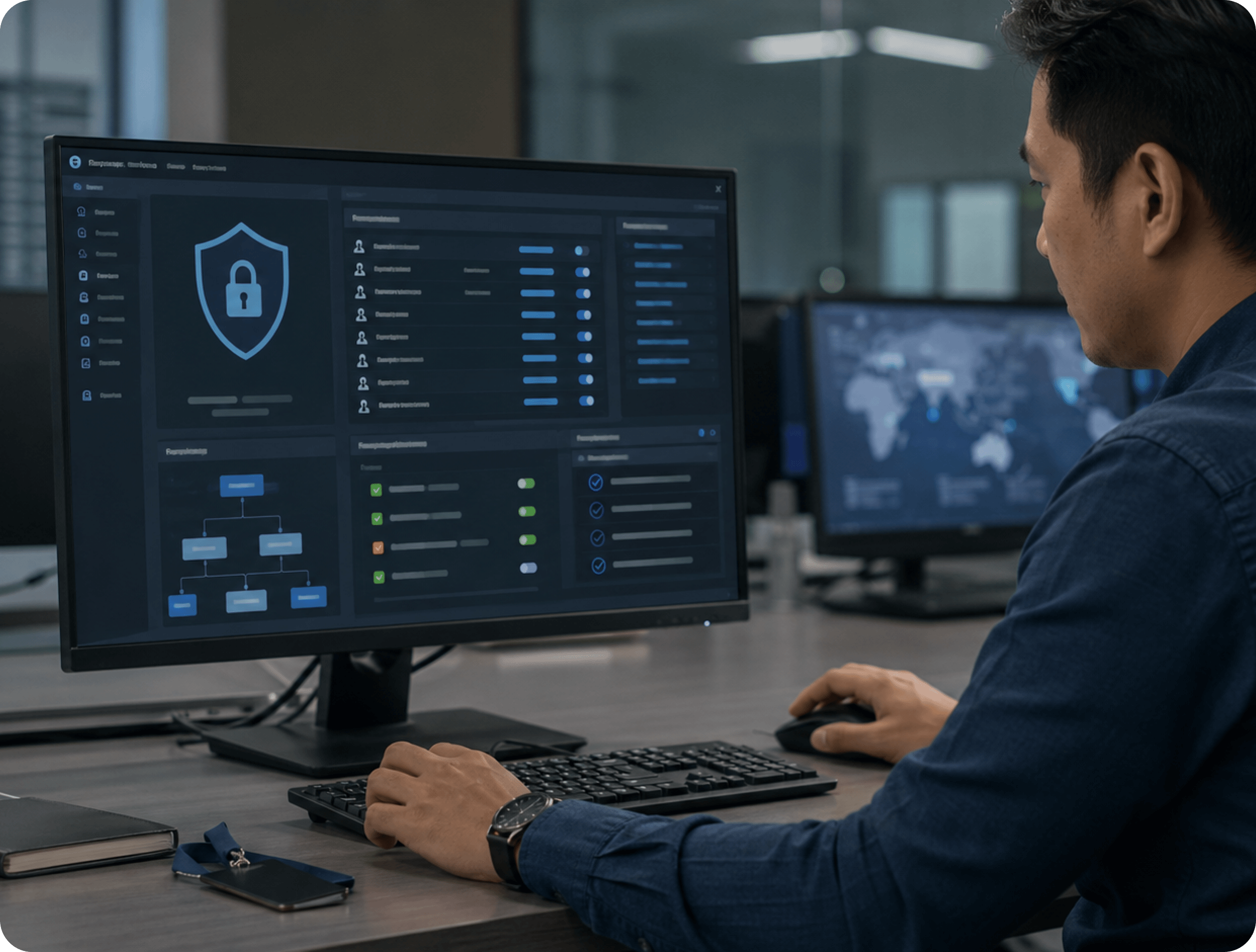 An IT worker configuring security settings on a computer